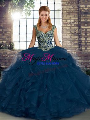 Vintage Beading and Ruffles Sweet 16 Quinceanera Dress Blue Lace Up Sleeveless Floor Length