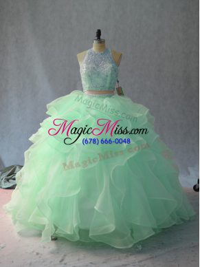 Sleeveless Organza Floor Length Backless Sweet 16 Dress in Apple Green with Beading and Ruffles