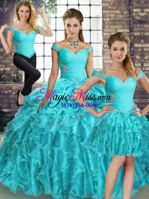 Hot Selling Aqua Blue Sleeveless Beading and Ruffles Lace Up Quinceanera Gowns