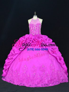 Fantastic Sleeveless Floor Length Beading and Appliques and Pick Ups Lace Up Quinceanera Dress with Fuchsia