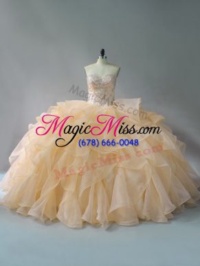 Gold Lace Up Sweetheart Beading and Ruffles Quinceanera Gowns Organza Sleeveless Brush Train