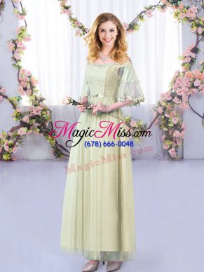 Beauteous Empire Court Dresses for Sweet 16 Yellow Green Off The Shoulder Tulle Half Sleeves Floor Length Side Zipper