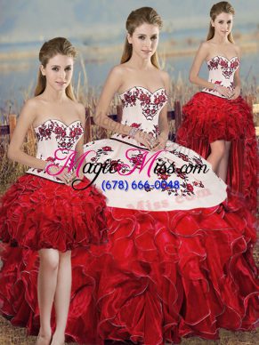 Exceptional Floor Length White And Red Quinceanera Gown Organza Sleeveless Embroidery and Ruffles and Bowknot