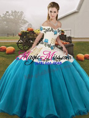 Blue And White Sleeveless Floor Length Embroidery Lace Up 15th Birthday Dress