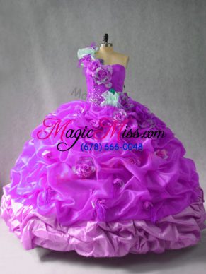 Flare Purple Lace Up Quince Ball Gowns Pick Ups and Hand Made Flower Sleeveless Floor Length