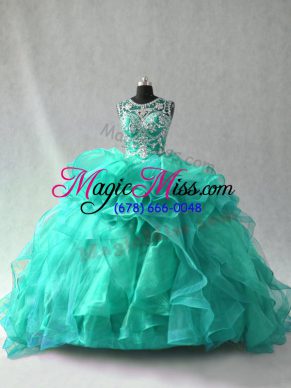 Modest Turquoise Scoop Neckline Beading and Ruffles Sweet 16 Quinceanera Dress Sleeveless Lace Up