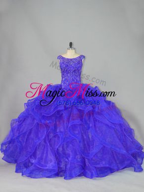 Custom Designed Blue Sleeveless Organza Brush Train Lace Up Quince Ball Gowns for Sweet 16 and Quinceanera