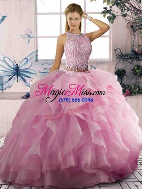 Floor Length Zipper Quinceanera Dress Pink for Sweet 16 and Quinceanera with Beading and Ruffles