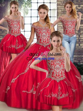 Classical Floor Length Red Quinceanera Dress Off The Shoulder Sleeveless Lace Up