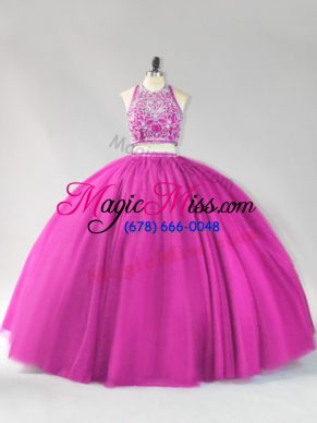 Floor Length Fuchsia Quinceanera Dress Tulle Sleeveless Beading