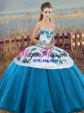 Flare Blue And White Ball Gowns Tulle Sweetheart Sleeveless Embroidery and Bowknot Floor Length Lace Up Sweet 16 Dress