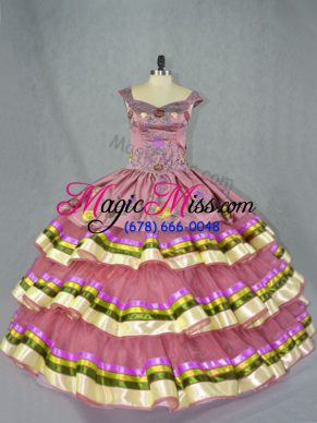 Superior Pink Lace Up Straps Embroidery and Ruffled Layers Quinceanera Gown Organza Sleeveless