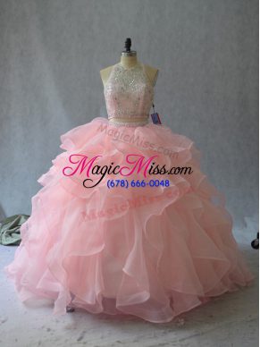 Deluxe Halter Top Sleeveless Vestidos de Quinceanera Beading and Ruffles Peach Organza