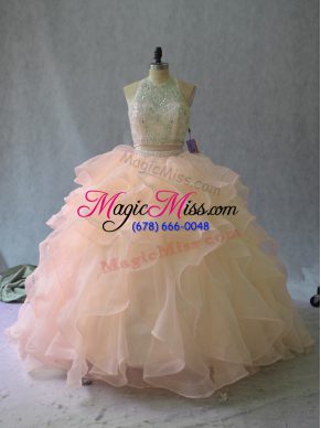 Unique Halter Top Sleeveless Organza Vestidos de Quinceanera Beading and Ruffles Backless