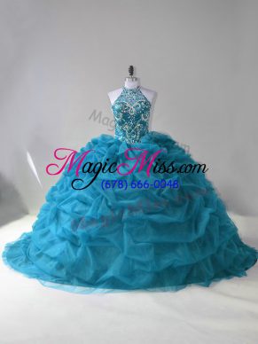 Teal Organza Lace Up 15th Birthday Dress Sleeveless Beading and Pick Ups