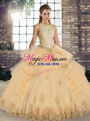 Ball Gowns 15 Quinceanera Dress Champagne Scoop Tulle Sleeveless Floor Length Lace Up