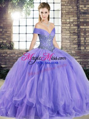 Sleeveless Floor Length Beading and Ruffles Lace Up Quinceanera Dress with Lavender