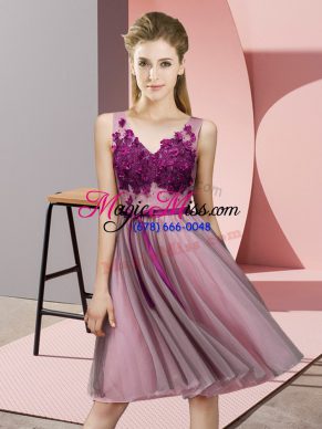 Discount Pink Empire V-neck Sleeveless Tulle Knee Length Lace Up Appliques Dama Dress for Quinceanera