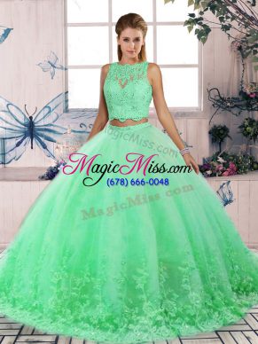 Unique Turquoise Backless 15th Birthday Dress Lace Sleeveless Sweep Train