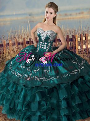 Fine Peacock Green Sleeveless Satin and Organza Lace Up 15th Birthday Dress for Sweet 16 and Quinceanera