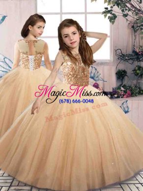 Champagne Ball Gowns Beading Little Girls Pageant Dress Wholesale Lace Up Tulle Sleeveless Floor Length