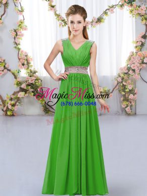 V-neck Sleeveless Chiffon Quinceanera Dama Dress Beading and Belt Lace Up