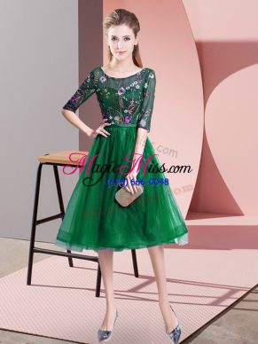 Dazzling Half Sleeves Tulle Knee Length Lace Up Damas Dress in Dark Green with Embroidery