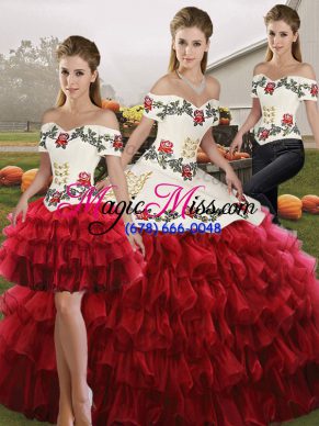 Off The Shoulder Sleeveless Quinceanera Dresses Floor Length Embroidery and Ruffled Layers Wine Red Organza