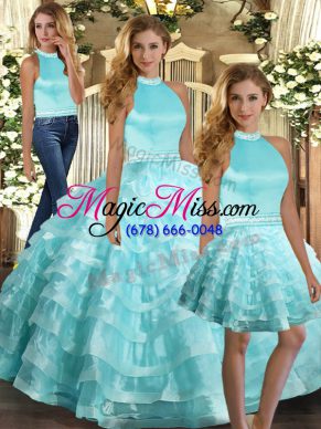 Smart Aqua Blue Ball Gowns Ruffled Layers Quinceanera Gowns Backless Organza Sleeveless Floor Length