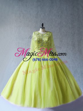 Popular Yellow Green Long Sleeves Tulle Lace Up Quinceanera Gown for Sweet 16 and Quinceanera