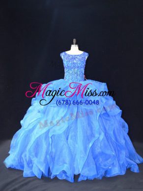 Affordable Sleeveless Organza Brush Train Lace Up Sweet 16 Dress in Blue with Beading and Ruffles