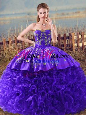 Unique Purple Ball Gowns Embroidery and Ruffles Ball Gown Prom Dress Lace Up Fabric With Rolling Flowers Sleeveless