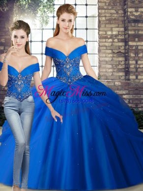 Royal Blue Sleeveless Brush Train Beading and Pick Ups Quince Ball Gowns