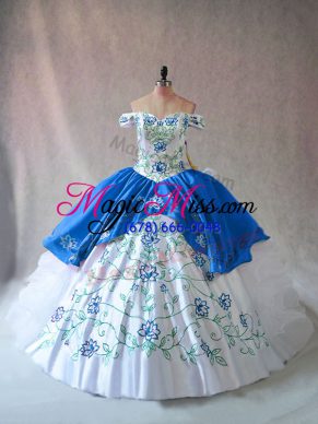 Sleeveless Organza Floor Length Lace Up Quinceanera Dress in Blue And White with Embroidery and Ruffles