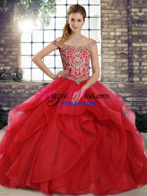 Classical Red Sleeveless Beading and Ruffles Lace Up Quinceanera Gown