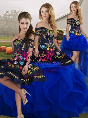 Customized Embroidery and Ruffles 15 Quinceanera Dress Blue And Black Lace Up Sleeveless Floor Length