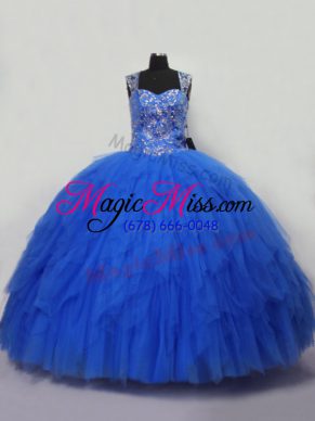 Straps Sleeveless Quinceanera Gowns Floor Length Beading and Ruffles Blue Tulle