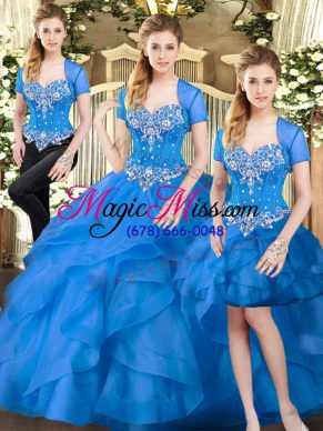 Sleeveless Tulle Floor Length Lace Up 15th Birthday Dress in Blue with Beading and Ruffles