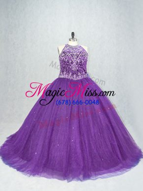 Fantastic Purple Tulle Lace Up Quinceanera Gown Sleeveless Brush Train Beading