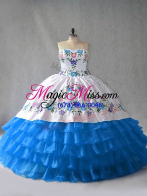 Glamorous Sweetheart Sleeveless Sweet 16 Dress Floor Length Embroidery and Ruffled Layers Blue And White Organza