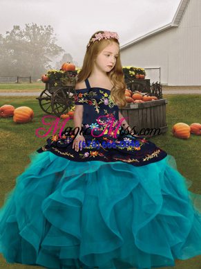 Sleeveless Lace Up Floor Length Embroidery and Ruffles Little Girl Pageant Dress