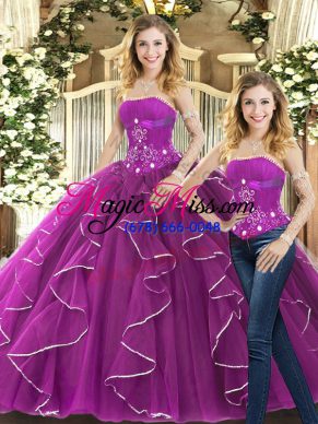 Two Pieces Quinceanera Dresses Purple Strapless Tulle Sleeveless Lace Up