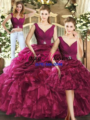 New Style Burgundy Ball Gowns V-neck Sleeveless Organza Floor Length Backless Ruffles and Pick Ups Quince Ball Gowns