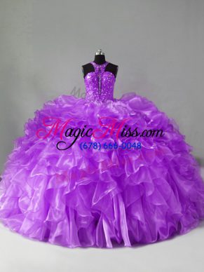 Brush Train Ball Gowns Quinceanera Dress Purple Halter Top Organza Sleeveless Zipper