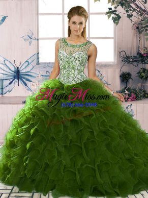 Sexy Green Lace Up Scoop Beading and Ruffles Ball Gown Prom Dress Organza Sleeveless