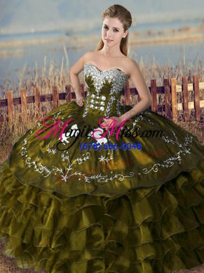 Customized Olive Green Organza Lace Up Sweetheart Sleeveless Floor Length 15 Quinceanera Dress Embroidery and Ruffles