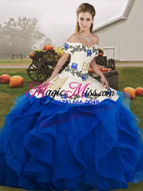 Royal Blue Ball Gowns Tulle Off The Shoulder Sleeveless Embroidery and Ruffles Floor Length Lace Up 15th Birthday Dress