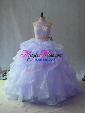 Beautiful Halter Top Sleeveless Sweet 16 Dress Floor Length Beading and Ruffles Lavender Organza