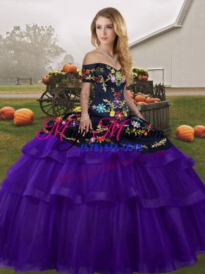 Luxurious Sleeveless Tulle Brush Train Lace Up Sweet 16 Dresses in Black And Purple with Embroidery and Ruffled Layers