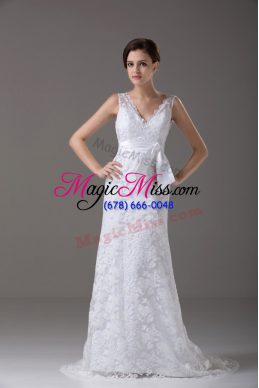 Modern Lace and Belt Wedding Dresses White Backless Sleeveless Brush Train